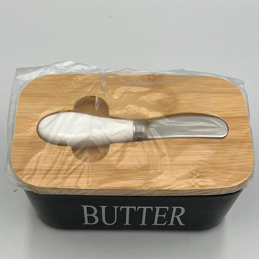 Hasense Butter Dish with Lid and Knife Black Ceramic Modern Farmhouse Brand New